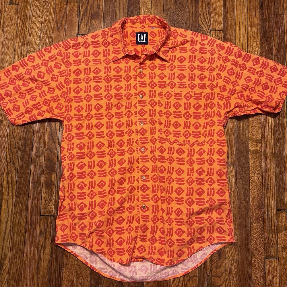 Vintage Gap Tribal Print Button Up Shirt Orange Cotton Short Sleeve Mens Medium